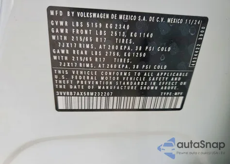 2024 Volkswagen Tiguan S z USA, uszkodzony, nr VIN 3VVRB7AX5RM232207